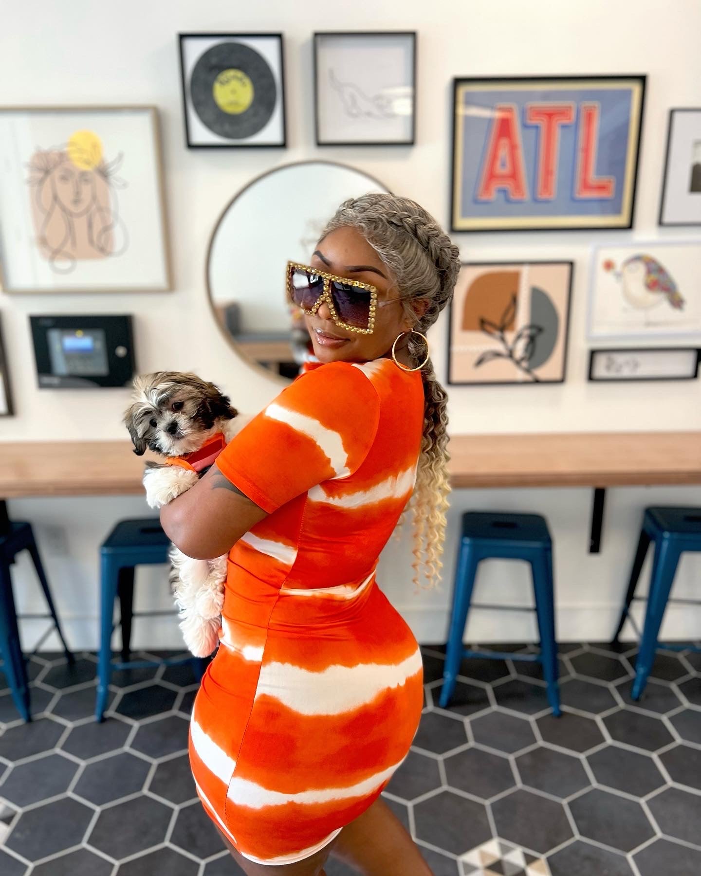 orange tie dye bodycon dress Final Sale Plus Size Bodycon Dress w/ Mid Sleeves and Tie in Green, Orange, Blue Tie Dye